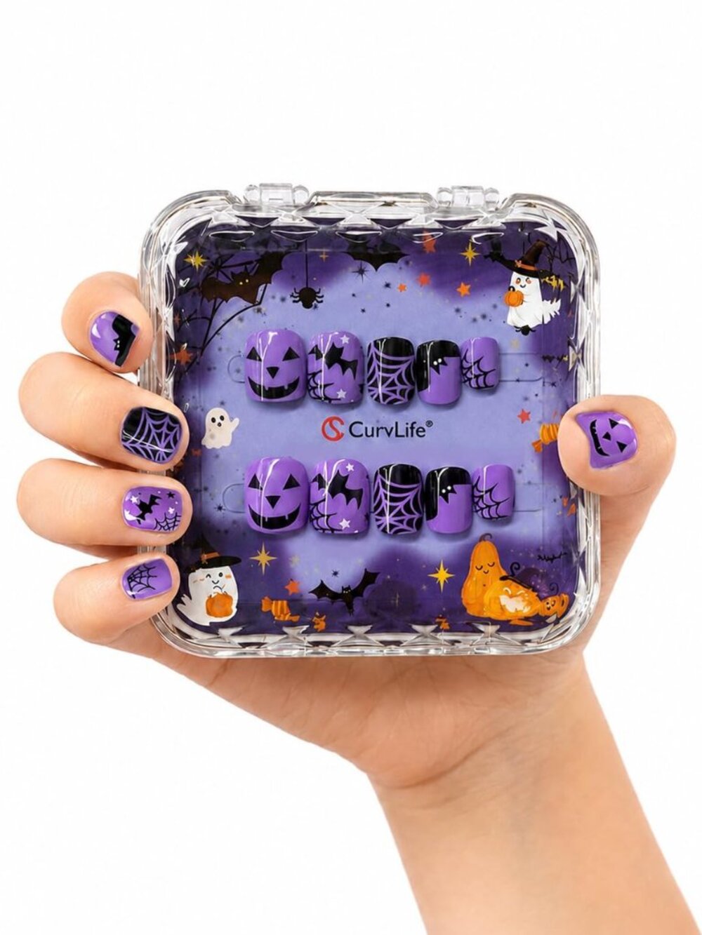 💜New CurvLife Halloween Press On Nails for Kids Short Square Purple Violet🎃